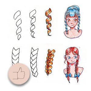 Manga haj rajzolás – fonott haj és göndör tincs rajzolása